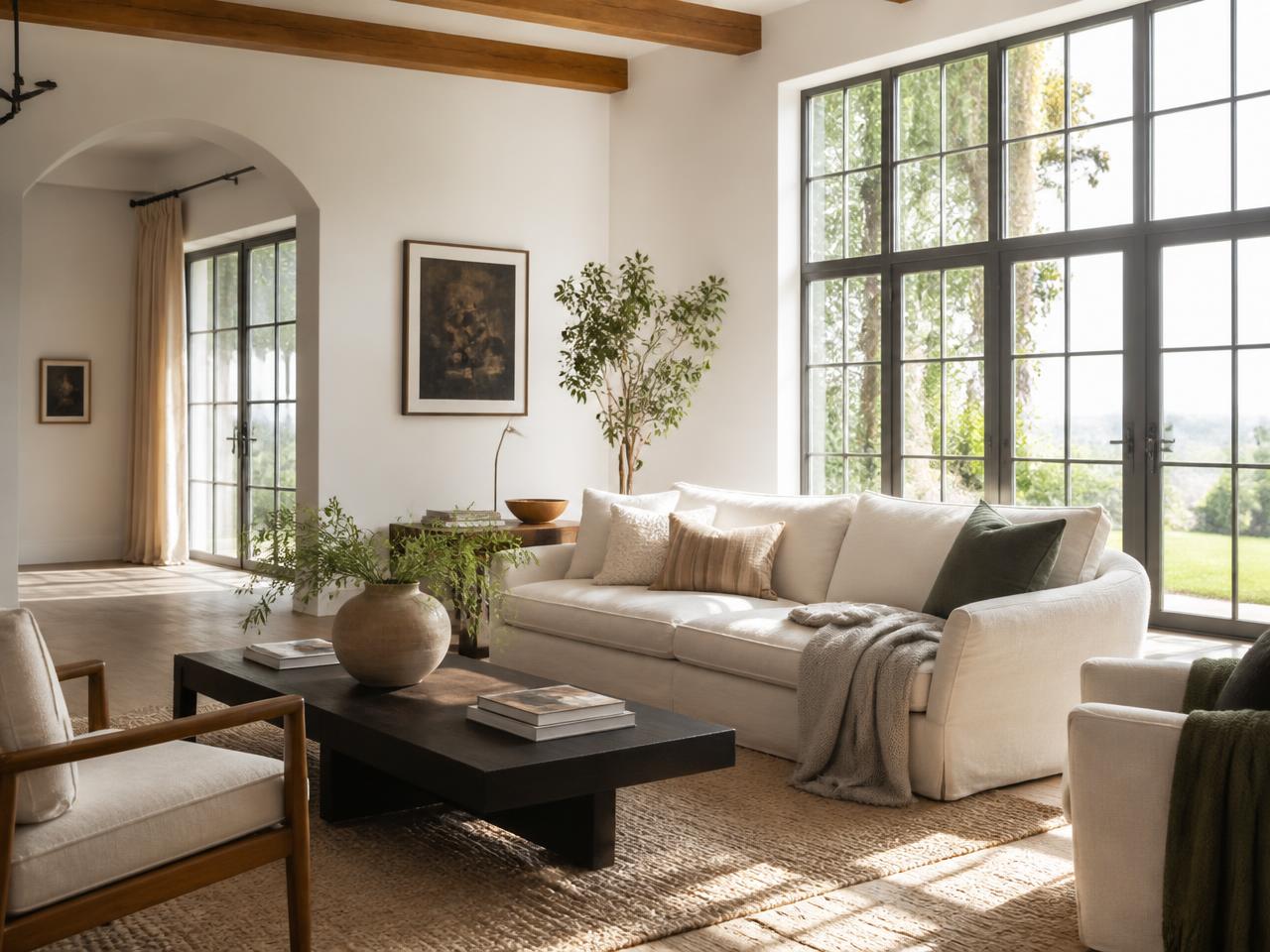 Bright living room with spotless floor-to-ceiling windows